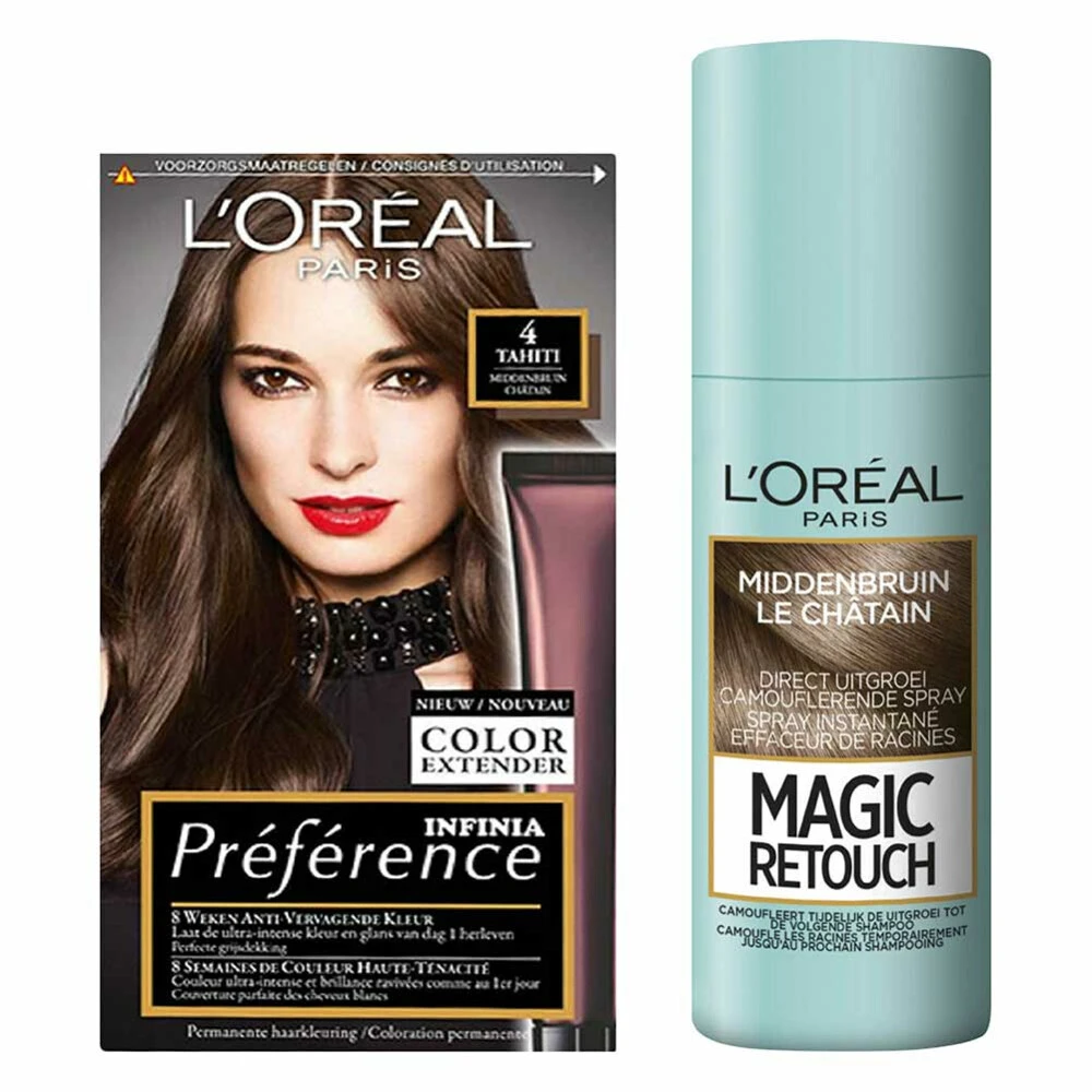 L'Oreal Lu0027Oréal Preference Haarkleuring 04 Tahiti - Middenbruin + Magic Retouch Uitgroeispray Middenbruin 75 Ml Pakket 3 L'Oreal Lu0027Oréal Preference Haarkleuring 04 Tahiti - Middenbruin + Magic Retouch Uitgroeispray Middenbruin 75 Ml Pakket
